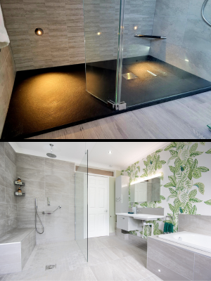 Comparison image of a shower tray and wetroom set up