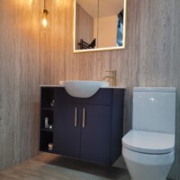 Wall panelling with ceiling pendant lighting, wall-hung basic unit with storage, recessed LED mirror cabinet, and closed coupled toilet