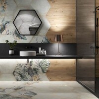Large format hexagon tile in contrasting wood and pattern tile
