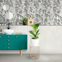 Large format white gloss tile with feature wallpaper above