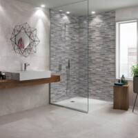 Decorative textured tiles in a shower enclosure